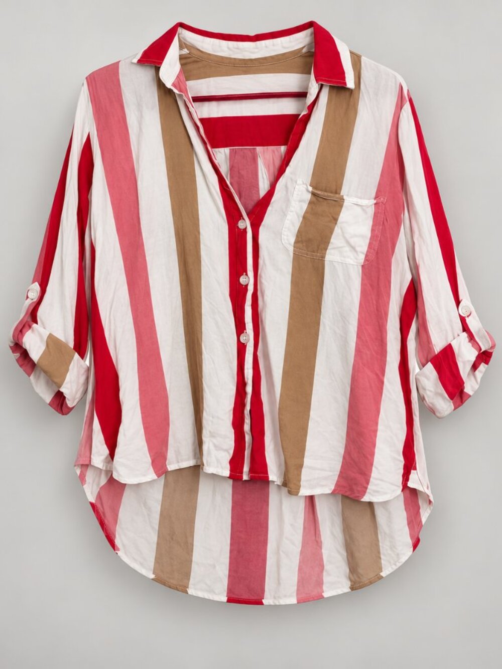 Velvet Heart Red Pink Tan Striped Button Up Blouse XL
